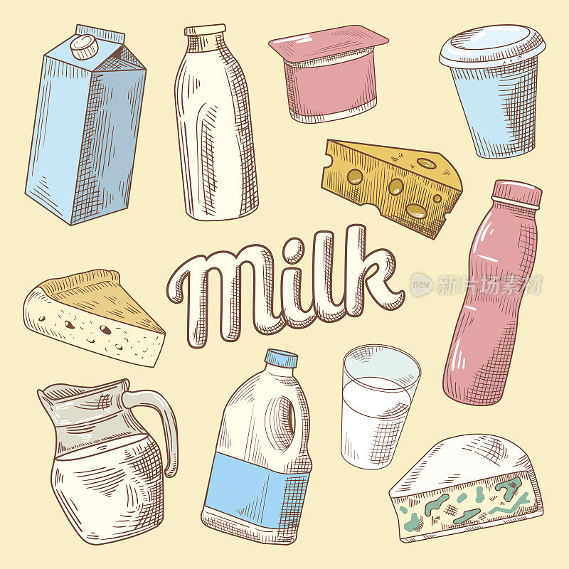 Dairy Products Hand Drawn Doodle with Milk